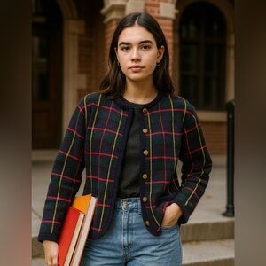 Vintage plaid cardigan sweater M Gold Button Knit navy academia old‎ money